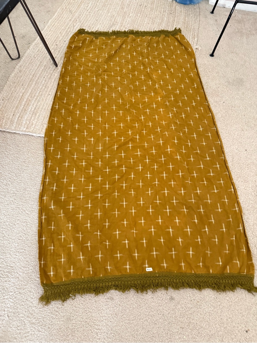 RVCA Mustard Fringe flannel wrap scarf coverup with Cross Print